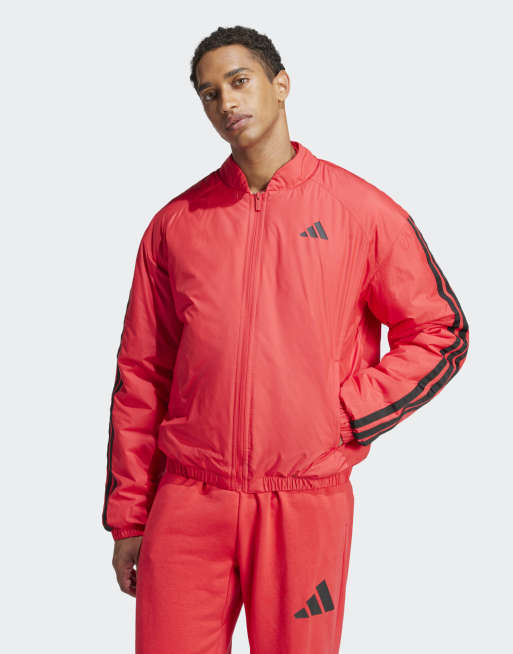 adidas Performance – Essentials – Isolierte Bomberjacke in reinem Rubinrot mit drei Streifen