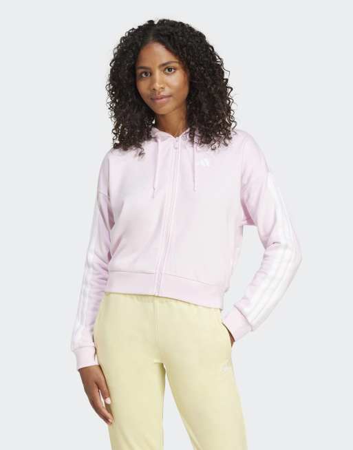 adidas Performance Essentials – Jasnoróżowo-biała zapinana na zamek bluza z kapturem z materiału french terry z 3 paskami