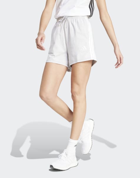 adidas performance Essentials 3 stripe shorts in light grey and white