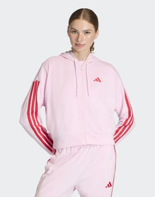 adidas Performance - Essentials - Kapuzenjacke aus French Terry in Clear Pink / Pure Ruby mit den drei Streifen-Rosa