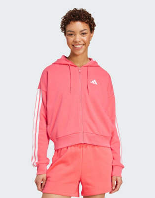 adidas Performance - Essentials - Kapuzenjacke aus French Terry in Rosa und Weiß mit den drei Streifen-Rot