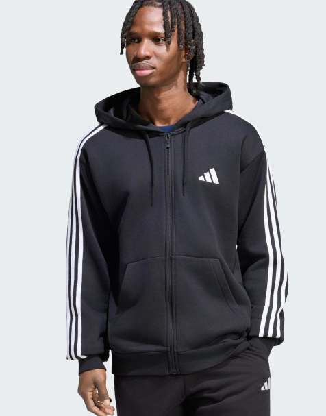 adidas Performance – Essentials – Kapuzenjacke aus French Terry in Schwarz/Weiß mit den 3 Streifen und Reißverschluss - view 1