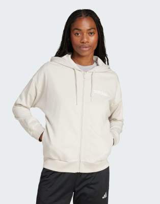 adidas Performance - Essentials - Kapuzenjacke aus Frottee in Beige/Weiß mit linearem Logo und Reißverschluss-Neutral