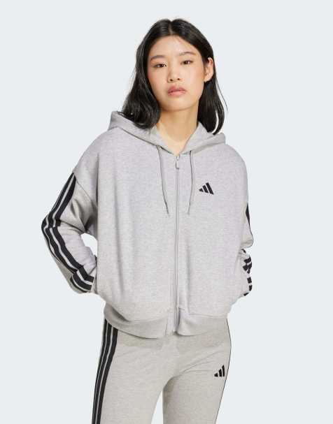 adidas Performance – Essentials – Kapuzenjacke in Mittelgrau meliert / Schwarz aus French Terry mit den 3 Streifen und Reißverschluss - view 1