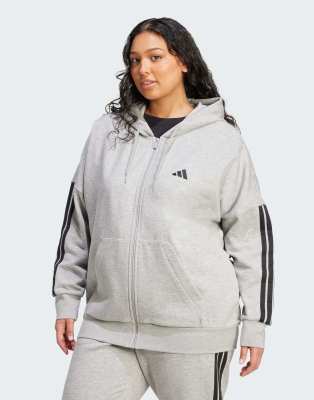 adidas Performance - Essentials - Kapuzenjacke (Plus-Size) aus Fleece in mittlerem Heidegrau/Schwarz mit den 3 Streifen