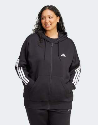 adidas Performance - Essentials - Kapuzenjacke (Plus-Size) aus Fleece in Schwarz/Weiß mit den drei Streifen