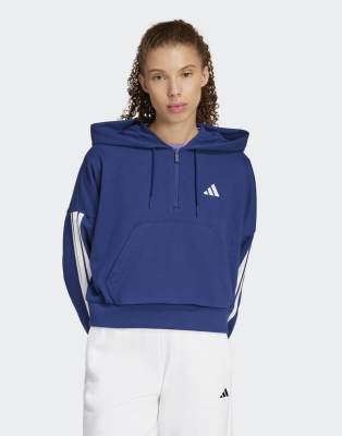 adidas Performance - Essentials - Kapuzenpullover aus French Terry in Dunkelblau / Weiß mit kurzem Reißverschluss und dr...