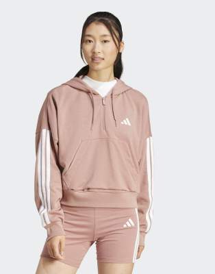 adidas Performance - Essentials - Kapuzenpullover aus French Terry in warmer Lehm / Weiß mit kurzem Reißverschluss und d...