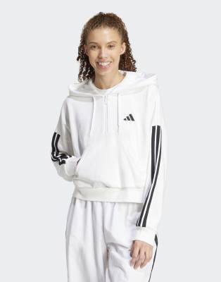adidas Performance - Essentials - Kapuzenpullover aus French Terry in Weiß/Schwarz mit kurzem Reißverschluss und den 3 S...