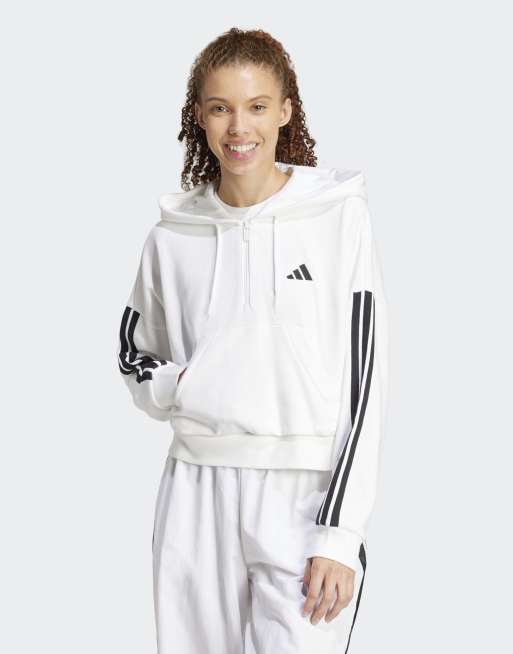 adidas Performance – Essentials – Kapuzenpullover aus French Terry in Weiß/Schwarz mit kurzem Reißverschluss und den 3 Streifen