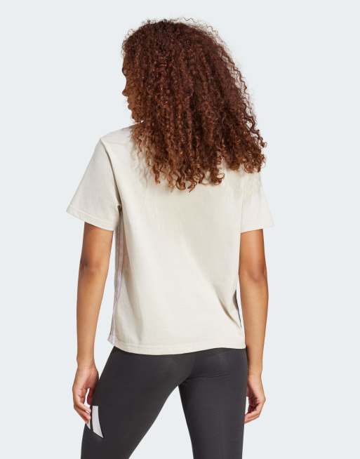 adidas Performance - Essentials - Katoenen T-shirt met 3-Stripes in beige en wit, 4 van 4