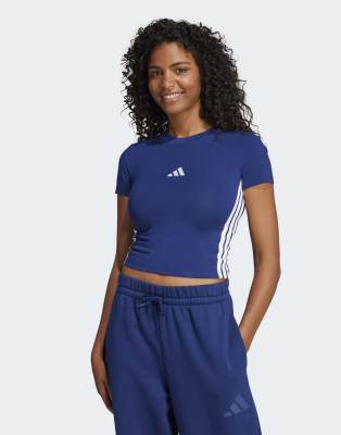 adidas Performance - Essentials - Knappes Slim-Fit-T-Shirt in Dunkelblau / Weiß mit den 3 Streifen