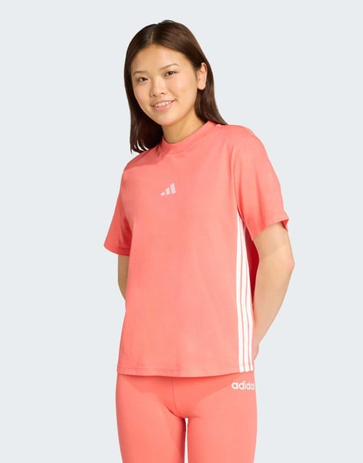adidas Performance – Essentials – Koralowo-biały bawełniany T-shirt z motywem 3-Stripes