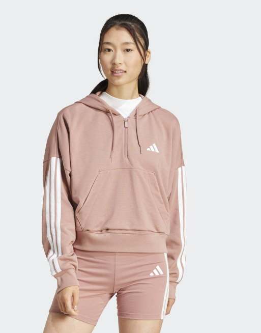 adidas Performance - Essentials - Lerfarvet hættetrøje med 3 hvide striber, kvart lynlås og frotté-for