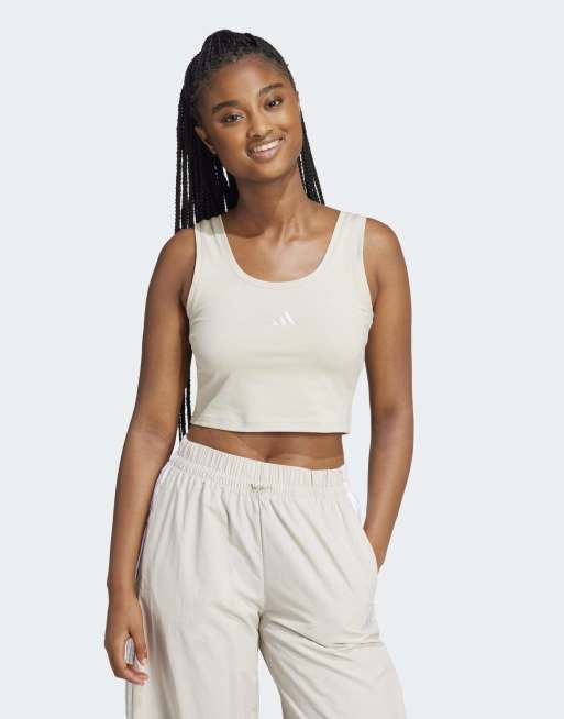 adidas Performance – Essentials – Lifestyle-Tanktop aus Baumwolle in Beige / Weiß mit kleinem Logo