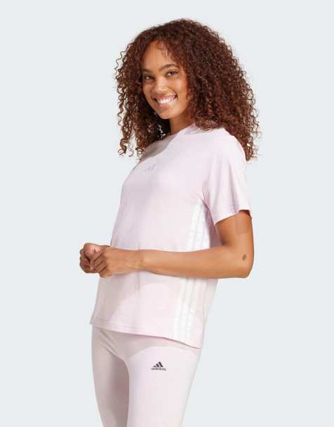adidas Performance – Essentials – Ljusrosa t-shirt i bomull med 3 vita ränder - view 1