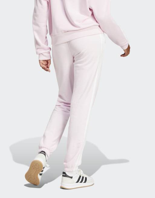 adidas performance - Essentials - Pantaloni in French Terry rosa e bianco con polsino e 3 strisce, 3 di 4