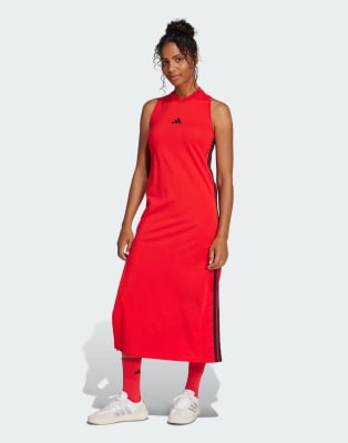 Essentials - Robe longue à dos nageur et logo 3 bandes - Rubis pur et noir-Rouge 2XS