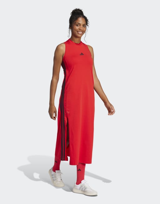 adidas Performance - Essentials - Rubinrød/sort og lang kjole med racerryg og 3 striber, 3 af 4