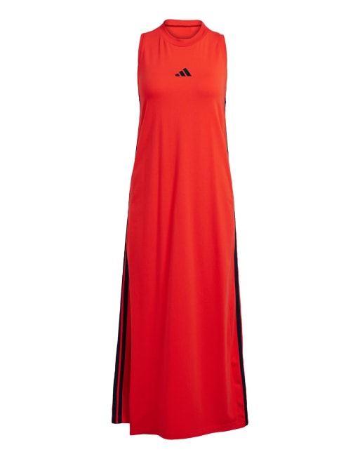 adidas Performance - Essentials - Rubinrød/sort og lang kjole med racerryg og 3 striber, 4 af 4