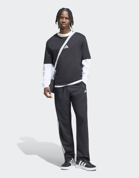 adidas Performance – Essentials – Schmal zulaufende Stanford-Hose aus Webstoff in Schwarz / Weiß mit offenem Saum und 3 Streifen - view 1