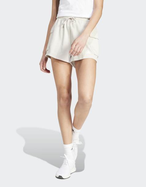 adidas performance Essentials small logo french terry cargo shorts in beige / white - view 1