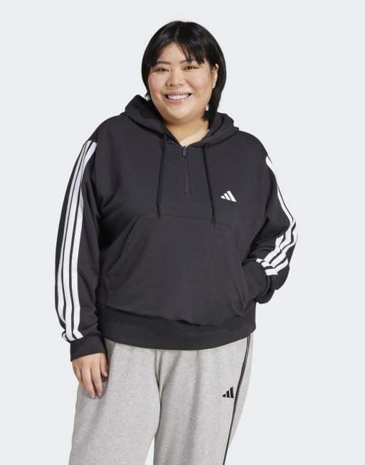 adidas Performance - Essentials - Sort plus size-hættetrøje i french terry med kort lynlås og 3 hvide striber
