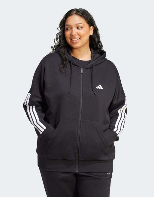 adidas Performance - Essentials - Sort plus size-hættetrøje med gennemgående lynlås og 3 hvide striber i fleece