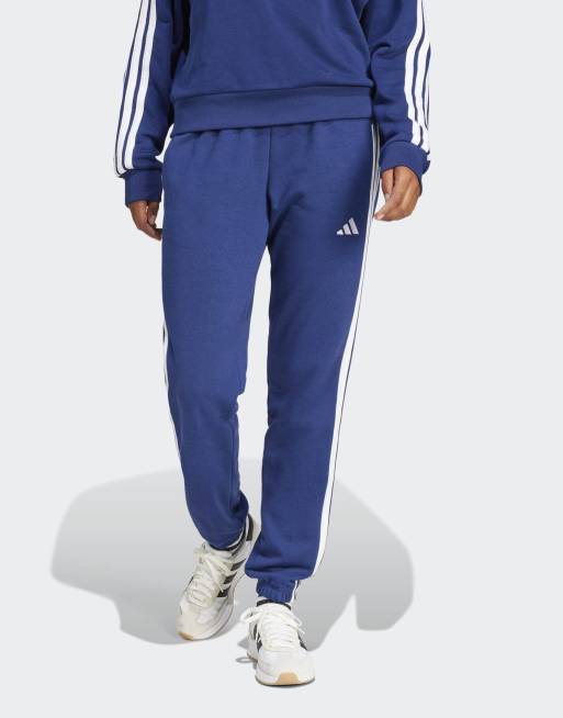 adidas Performance – Essentials – Spodnie sportowe z french terry ze ściągaczami z 3 paskami w kolorze ciemnoniebieskim i białym
