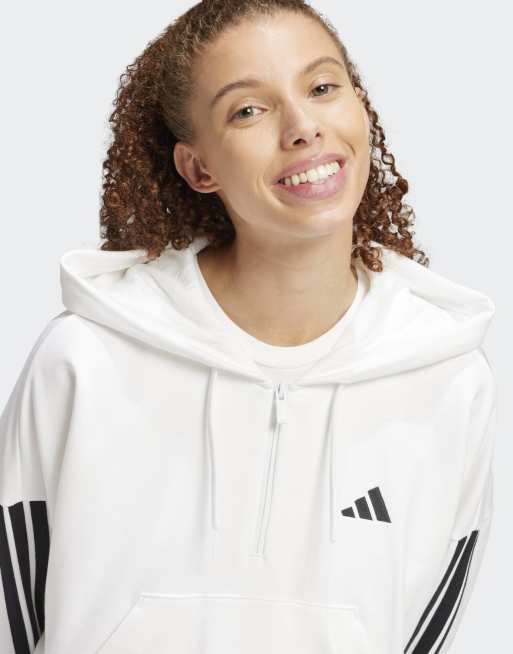 adidas Performance - Essentials - Sweat à capuche en tissu éponge à col zippé et 3 bandes - Blanc/noir, 2 de 4