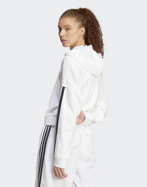 adidas Performance - Essentials - Sweat à capuche en tissu éponge à col zippé et 3 bandes - Blanc/noir, 4 de 4
