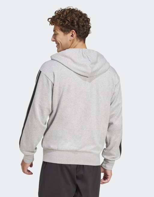 adidas performance - Essentials - Sweat à capuche zippé en tissu éponge à 3 bandes - Gris chiné moyen/noir, 3 de 4