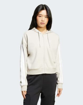 adidas Performance - Essentials - Sweat à capuche zippé en tissu éponge avec logo à 3 bandes - Beige et blanc-Neutre