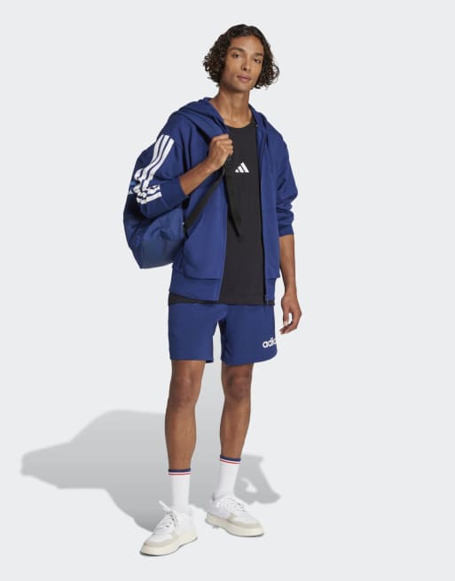 adidas Performance - Essentials - Sweat à capuche zippé en tissu-éponge avec logo à 3 bandes - Bleu foncé/blanc, 3 de 4