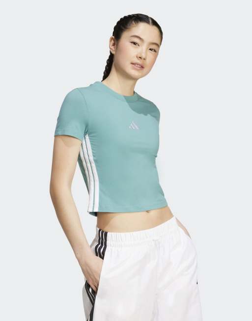 adidas Performance - Essentials - T-shirt cout ajusté à 3 bandes - Bleu sarcelle poudré/blanc