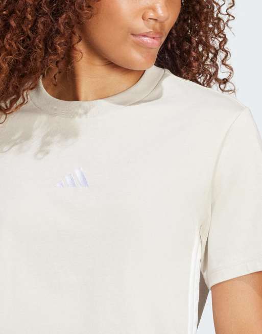 adidas Performance - Essentials - T-shirt in cotone beige e bianca con 3 strisce, 2 di 4
