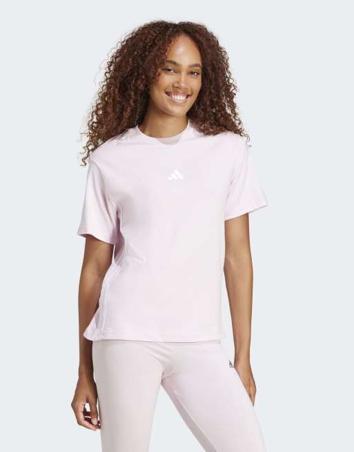 adidas performance - Essentials - T-shirt in cotone rosa/bianco con 3 strisce, 3 di 4