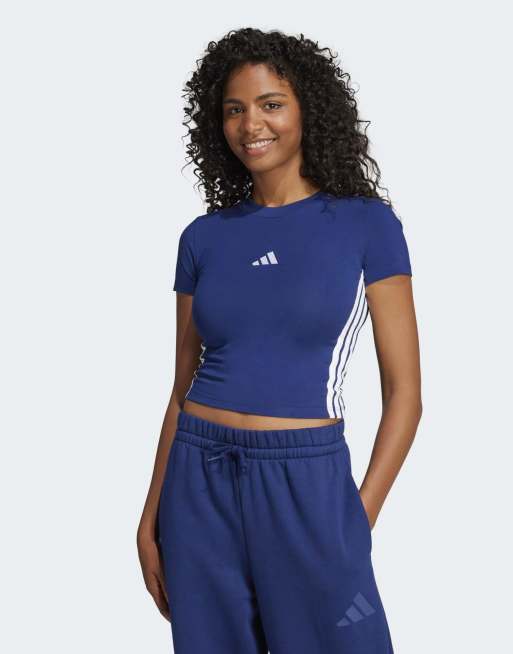 adidas Performance - Essentials - T-shirt raccourci ajusté à 3 bandes - Bleu foncé et blanc