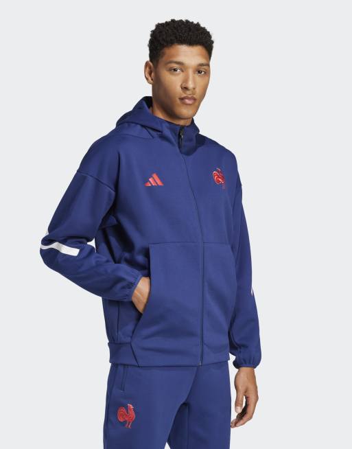 adidas Performance – France Travel z.n.e. – Mörkblå träningstopp med huva och dragkedja