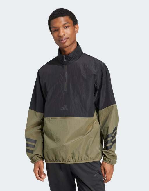 adidas Performance – Future Icons – Oliwkowo-czarna bluza z tkaniny z zapięciem na zamek pod szyją i 3 paskami