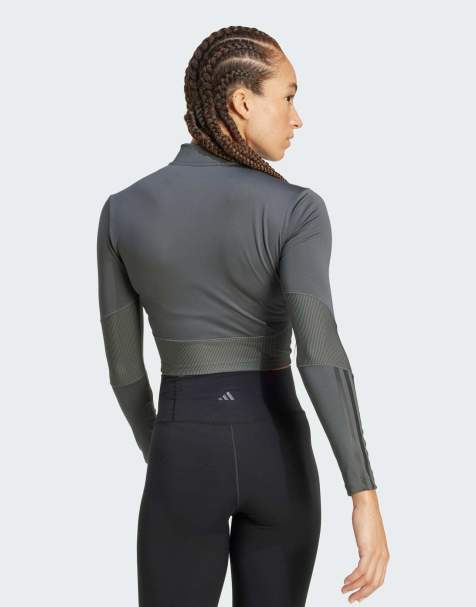 adidas performance Hyperglam rib zip thru cover up in grey six / black - view 1