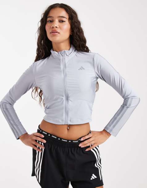 adidas Performance - Hyperglam - Skinnende sølvfarvet træningsjakke med lynlås og gråt logo - view 1