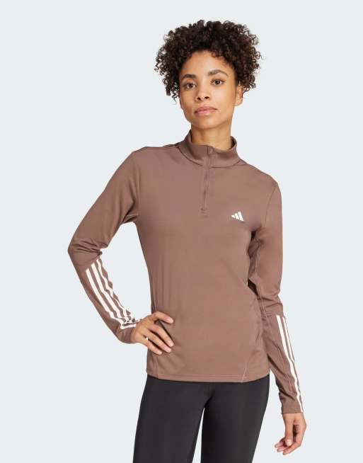 adidas Performance – Hyperglam – Sportoberteil in Braun/Weiß mit kurzem Reißverschluss