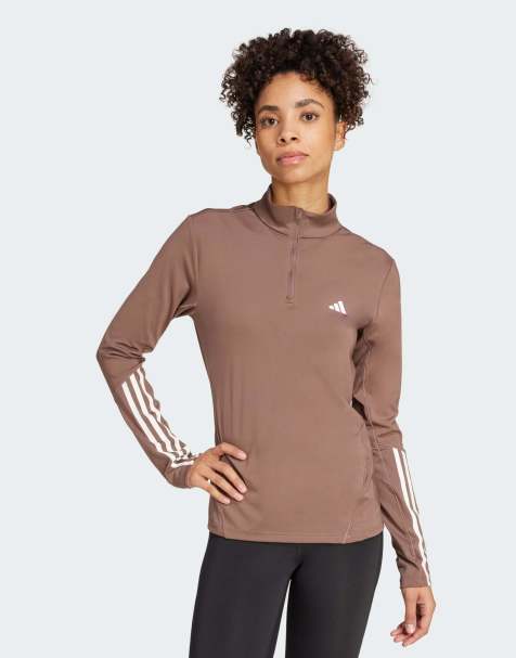 adidas Performance - Hyperglam - Top sportivo da allenamento marrone e bianco con zip corta - view 1
