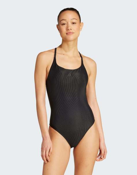 adidas Performance – Iconisea – Gerippter, wattierter Badeanzug in Schwarz mit schmalen Trägern - view 1