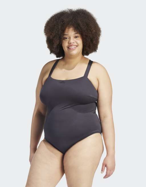 adidas performance Iconisea padded premium x-back swimsuit (plus size) in black / white, 2 of 4