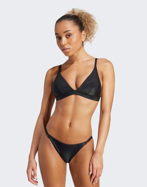 adidas performance Iconisea ribbed padded triangle bikini top in black - view 1