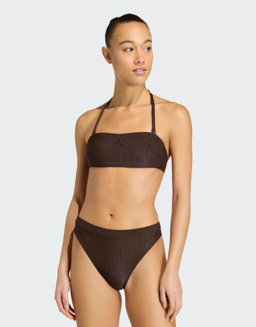 adidas performance - Iconisea - Top bikini a fascia a coste imbottito color caffè aurora