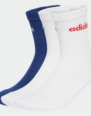 adidas performance Linear crew cushioned socks 3 pairs in dark blue / white / white
