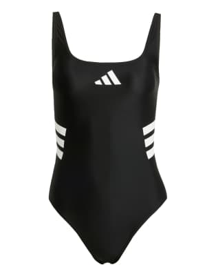 adidas Performance - Maillot 1 pièce à 3 bandes avec dos en U - Noir/blanc
